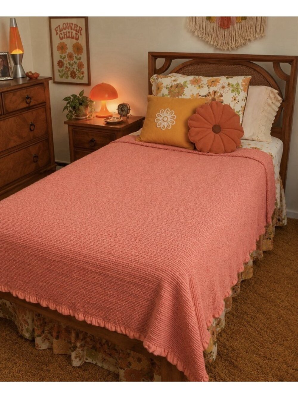 Vintage 70s CHATHAM Orange Twin Acrylic Woven Thermal Blanket with Nylon Binding